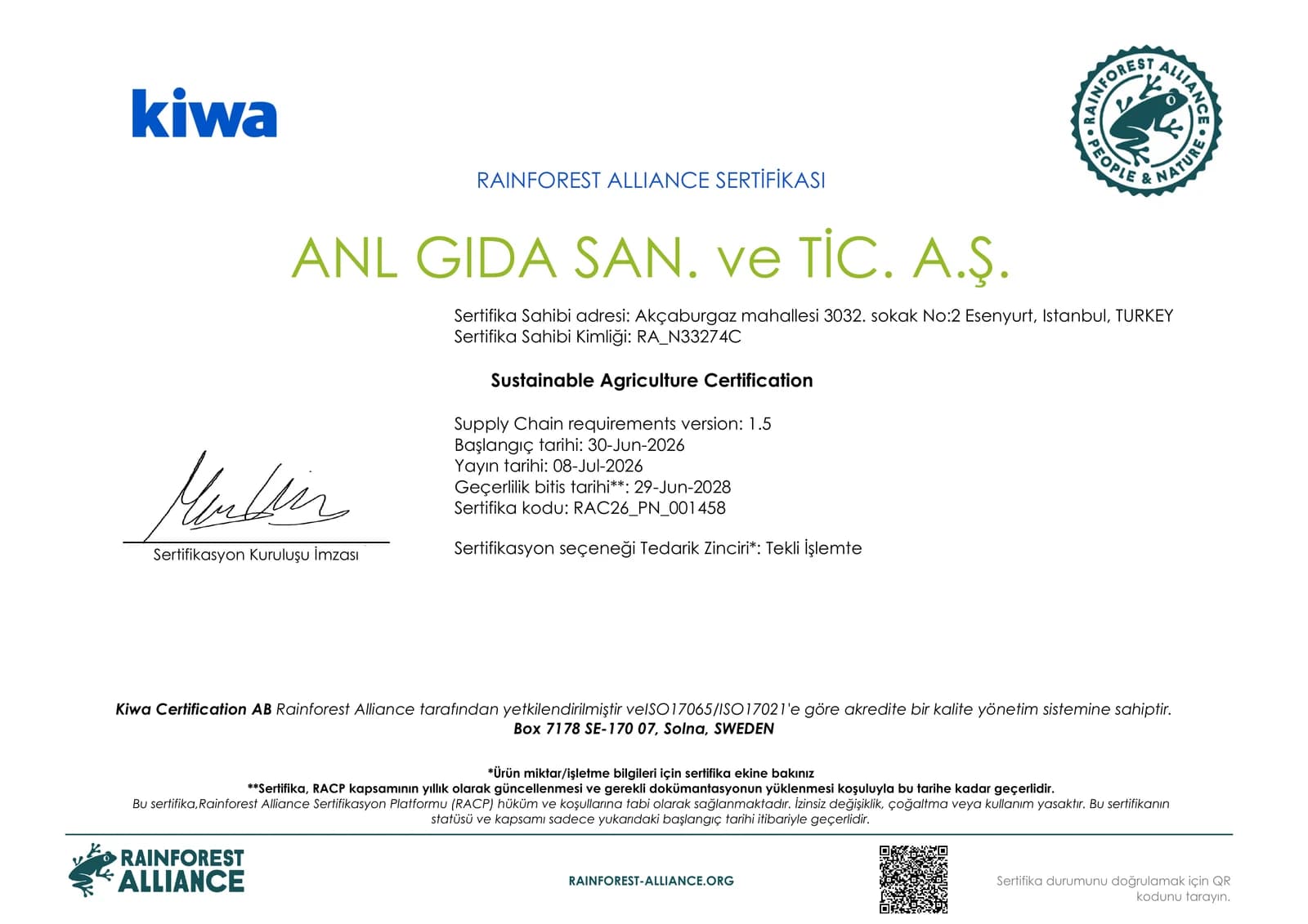 Rainforest Alliance Supply Chain Certificate